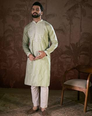Men green silk blend solid embroidered straight kurta with trouser 5