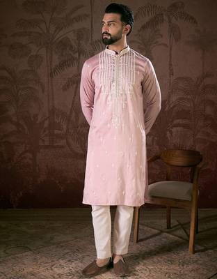 Men pink silk blend solid embroidered straight kurta with trouser 2