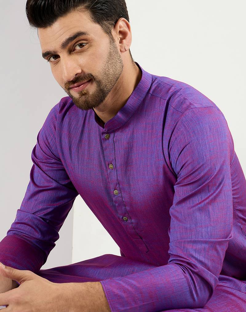 Men purple cotton solid woven design straight kurta