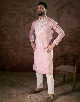 Men pink silk blend solid embroidered straight kurta with trouser 3