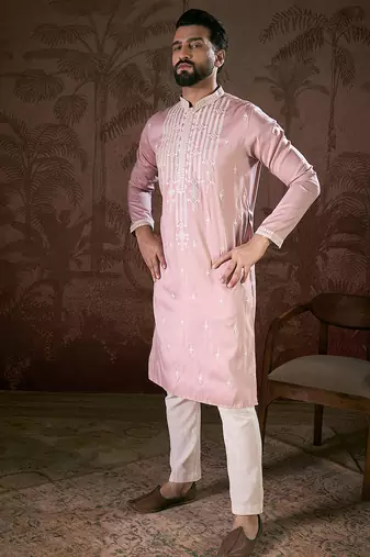 Men pink silk blend solid embroidered straight kurta with trouser