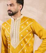 Men yellow silk blend ethnic motifs embroidered straight kurta with trouser