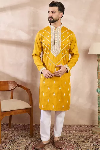 Men yellow silk blend ethnic motifs embroidered straight kurta with trouser