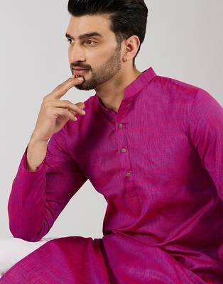 Men pink cotton solid woven design straight kurta 2