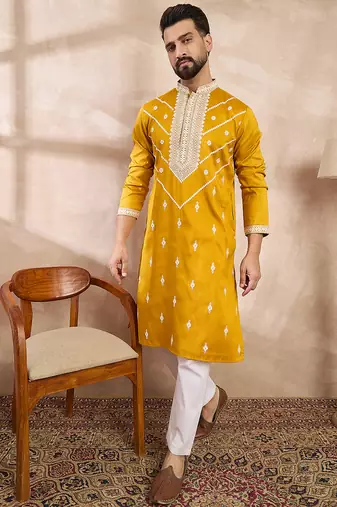 Men yellow silk blend ethnic motifs embroidered straight kurta with trouser