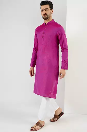 Men pink cotton solid woven design straight kurta