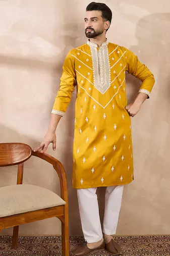 Men yellow silk blend ethnic motifs embroidered straight kurta with trouser