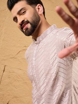 Men lavender viscose rayon chevron embroidered straight kurta 1