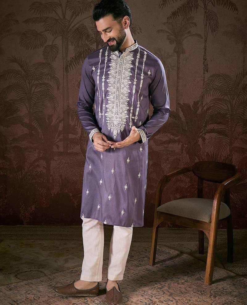 Men lavender silk blend solid embroidered straight kurta with trouser