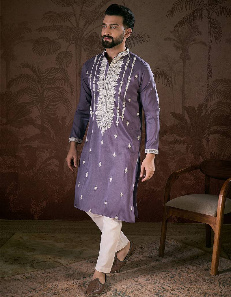 Men lavender silk blend solid embroidered straight kurta with trouser
