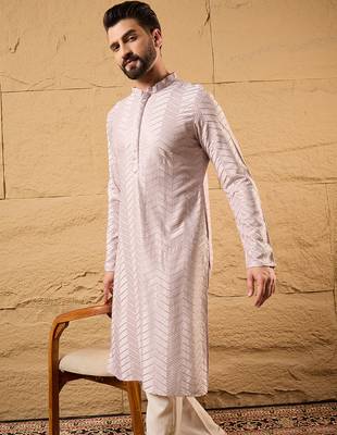 Men lavender viscose rayon chevron embroidered straight kurta 2