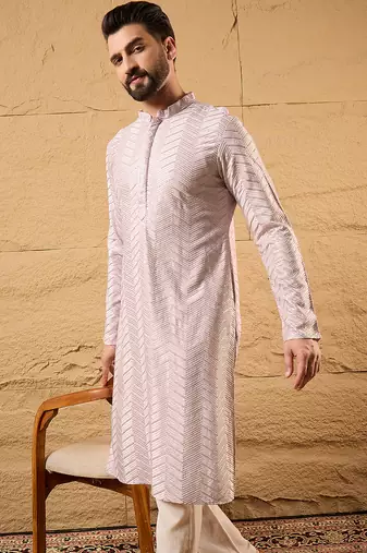 Men lavender viscose rayon chevron embroidered straight kurta