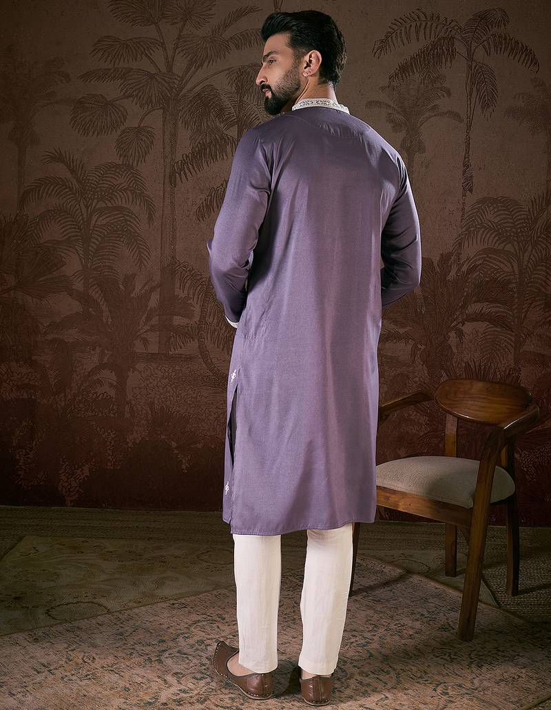 Men lavender silk blend solid embroidered straight kurta with trouser