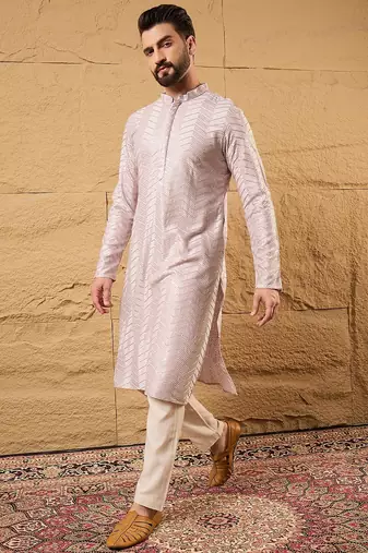Men lavender viscose rayon chevron embroidered straight kurta