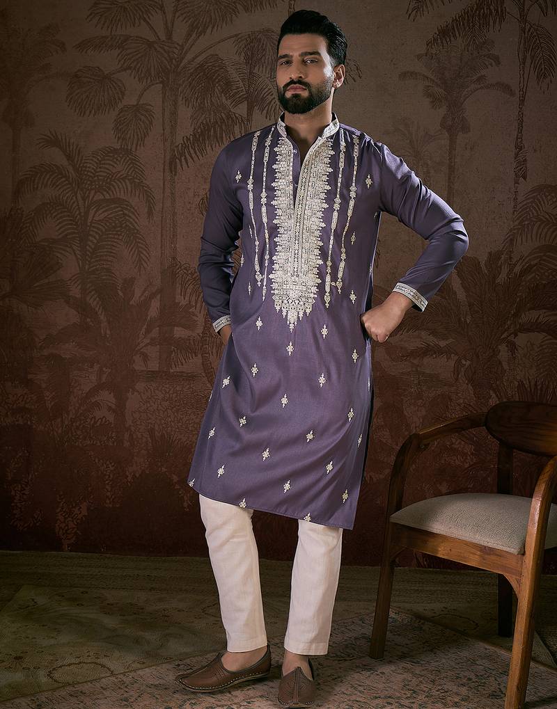 Men lavender silk blend solid embroidered straight kurta with trouser