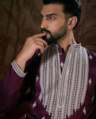 Men purple silk blend solid embroidered straight kurta with trouser 1