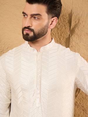 Men off white viscose rayon chevron embroidered straight kurta 1