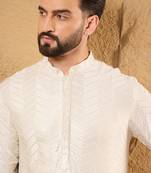 Men off white viscose rayon chevron embroidered straight kurta