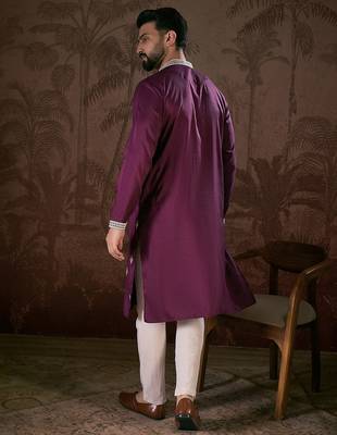 Men purple silk blend solid embroidered straight kurta with trouser 4