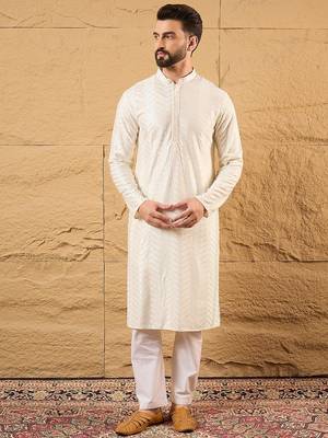 Men off white viscose rayon chevron embroidered straight kurta 2