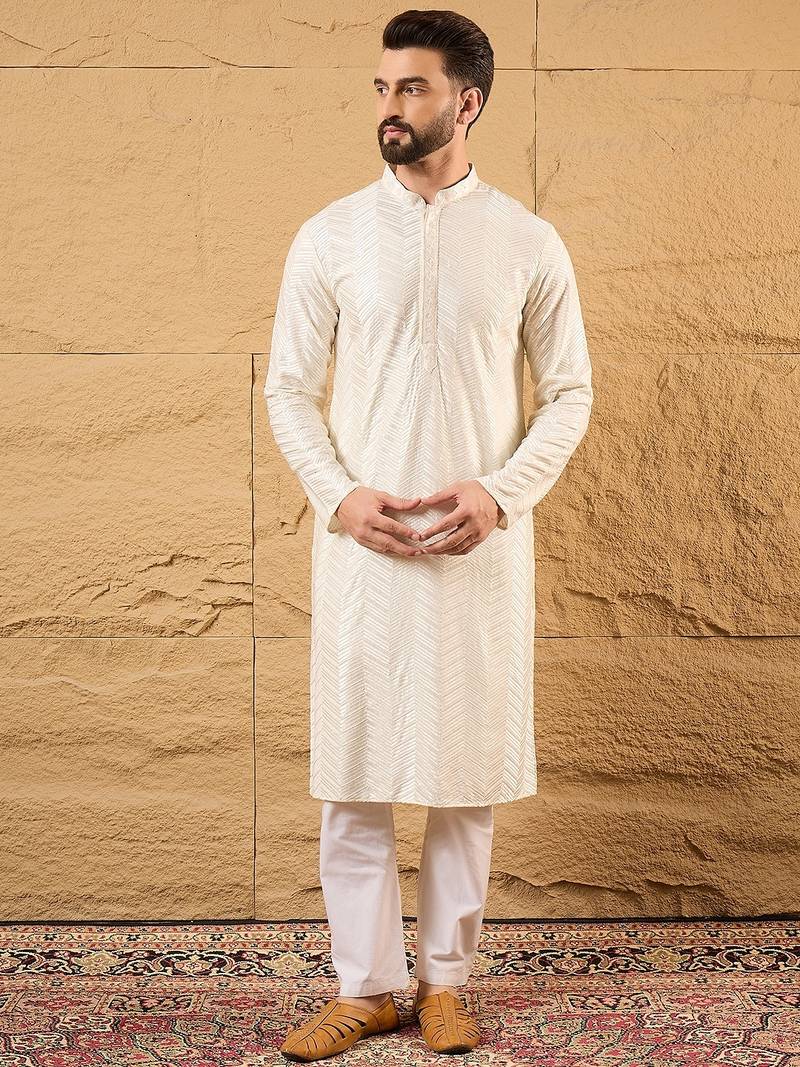 Men off white viscose rayon chevron embroidered straight kurta