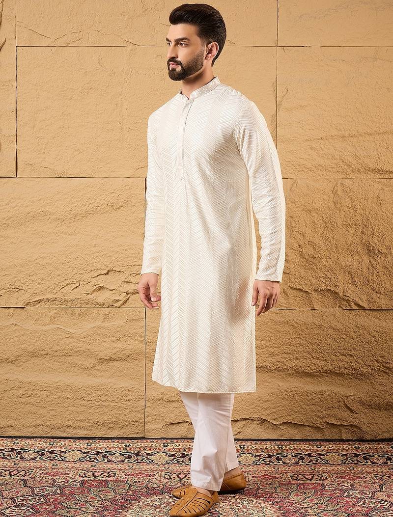 Men off white viscose rayon chevron embroidered straight kurta