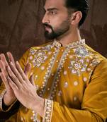 Men mustard silk blend solid embroidered straight kurta with trouser