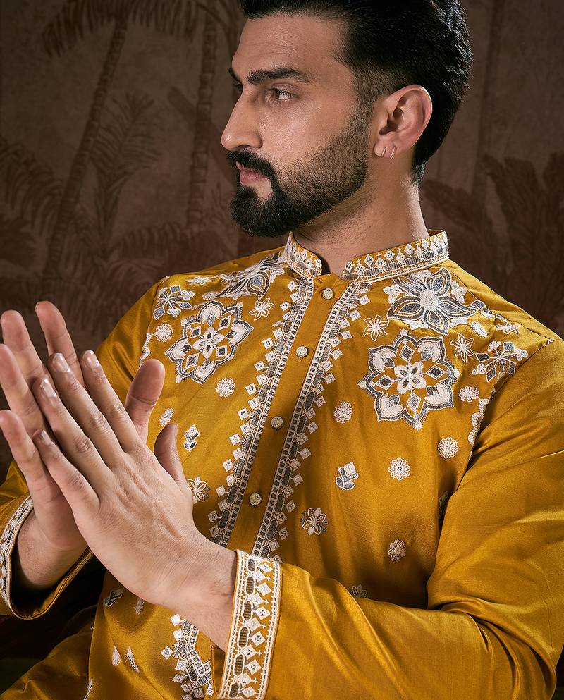 Men mustard silk blend solid embroidered straight kurta with trouser