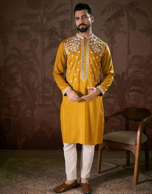 Men mustard silk blend solid embroidered straight kurta with trouser 2