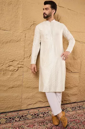 Men off white viscose rayon chevron embroidered straight kurta