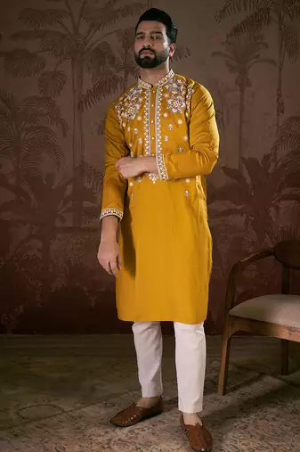 Men mustard silk blend solid embroidered straight kurta with trouser