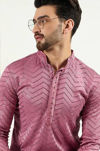 Men pink viscose rayon solid embroidered straight kurta