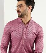 Men pink viscose rayon solid embroidered straight kurta