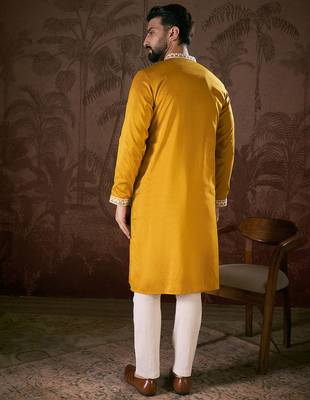 Men mustard silk blend solid embroidered straight kurta with trouser 4