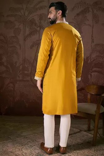 Men mustard silk blend solid embroidered straight kurta with trouser