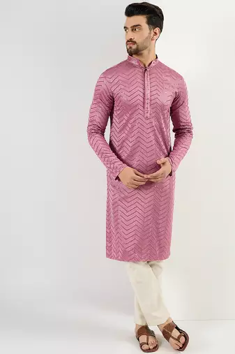 Men pink viscose rayon solid embroidered straight kurta
