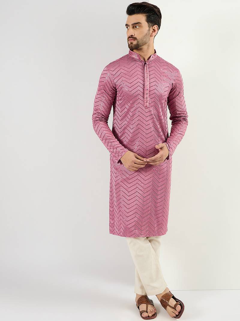 Men pink viscose rayon solid embroidered straight kurta