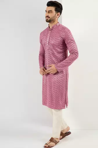 Men pink viscose rayon solid embroidered straight kurta