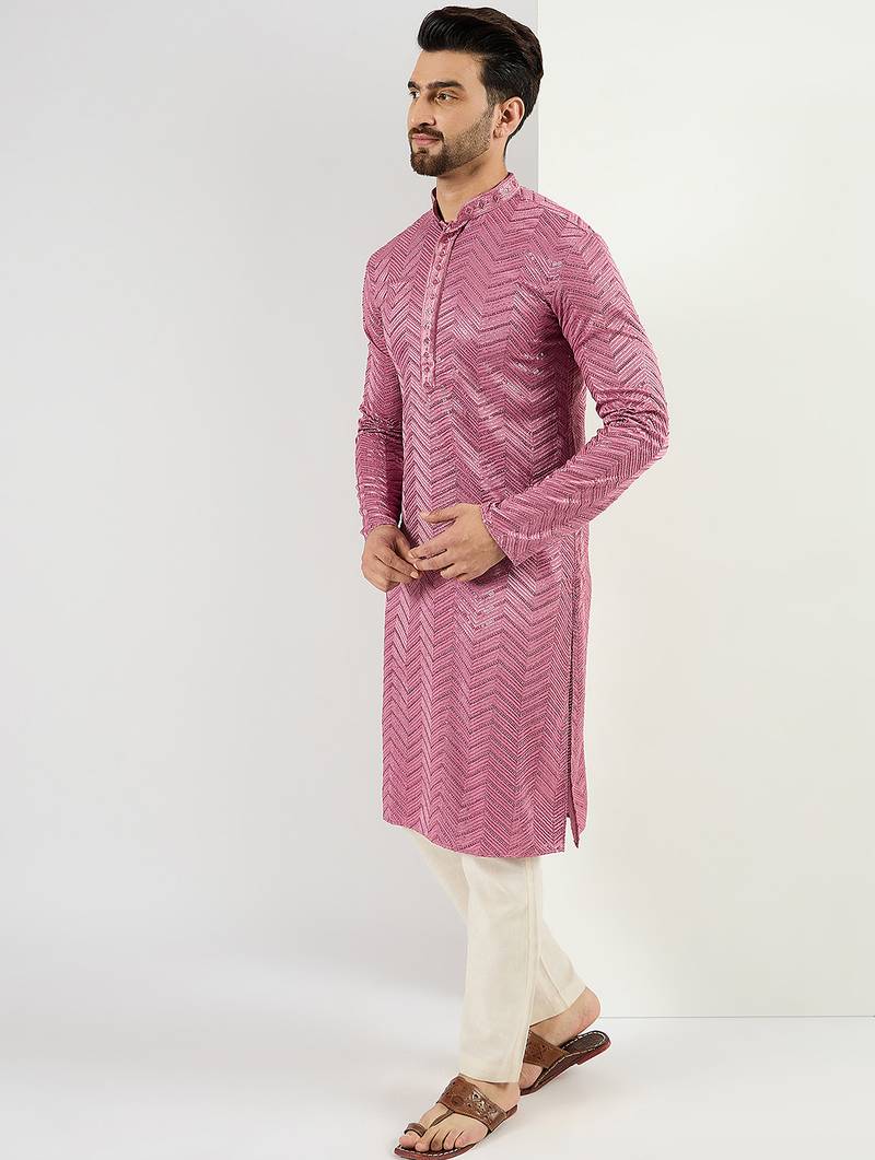 Men pink viscose rayon solid embroidered straight kurta