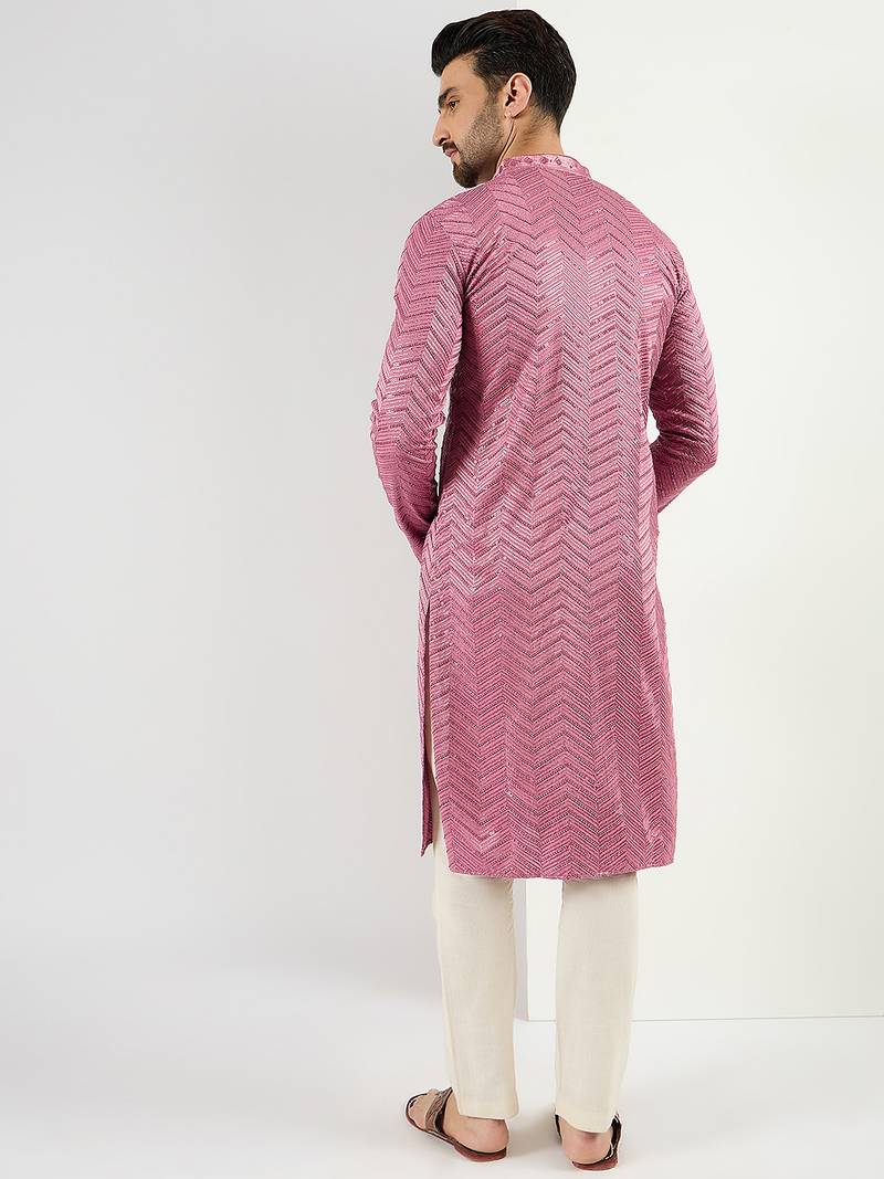 Men pink viscose rayon solid embroidered straight kurta