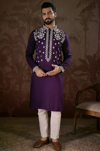 Men purple silk blend solid embroidered straight kurta with trouser