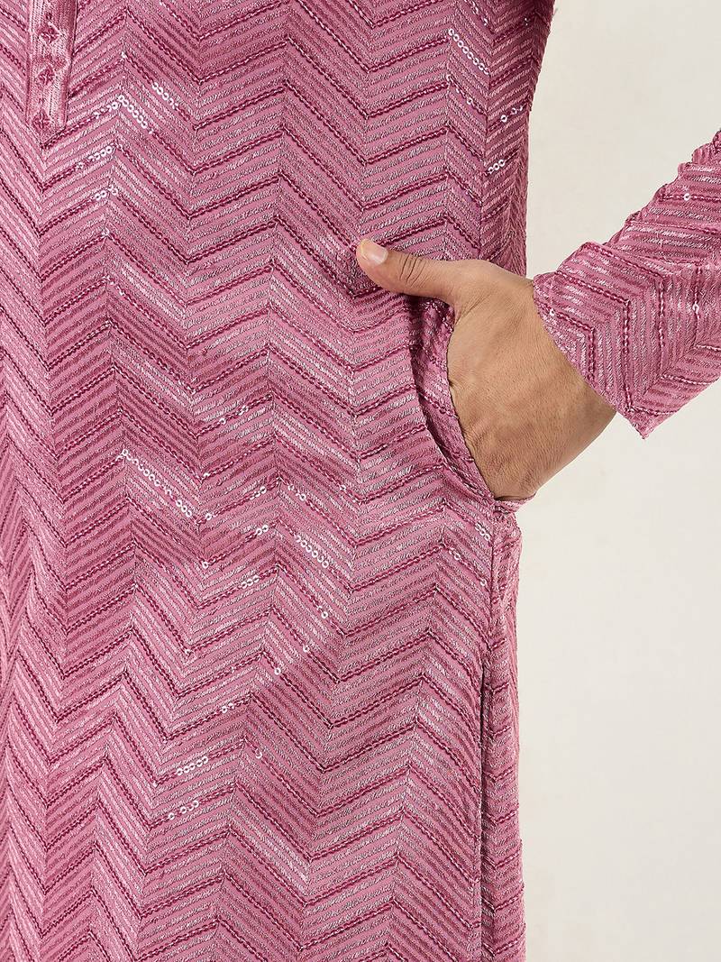 Men pink viscose rayon solid embroidered straight kurta