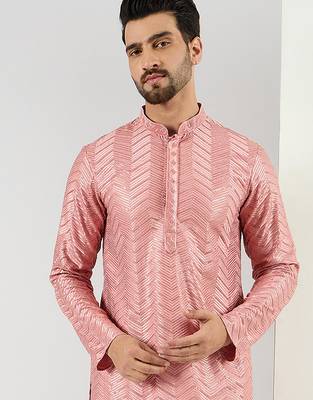 Men peach viscose rayon solid embroidered straight kurta 1