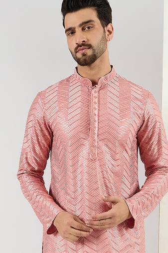 Men peach viscose rayon solid embroidered straight kurta
