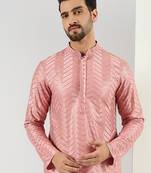 Men peach viscose rayon solid embroidered straight kurta