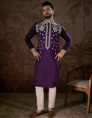 Men purple silk blend solid embroidered straight kurta with trouser 5