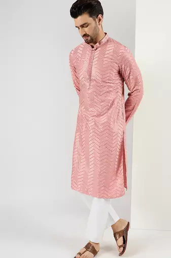Men peach viscose rayon solid embroidered straight kurta