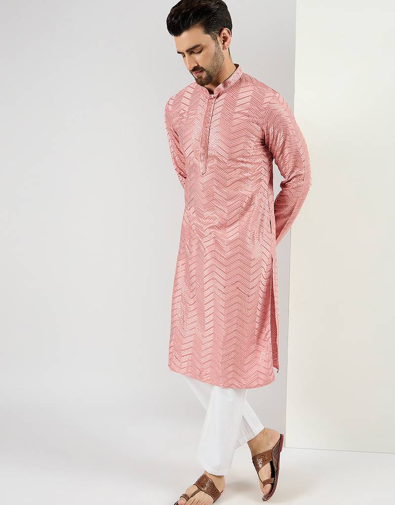 Men peach viscose rayon solid embroidered straight kurta