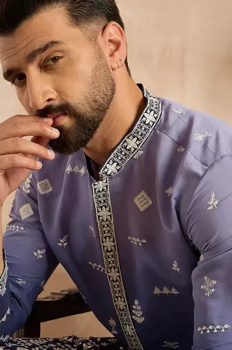 Men violet silk blend ombre embroidered straight kurta sets