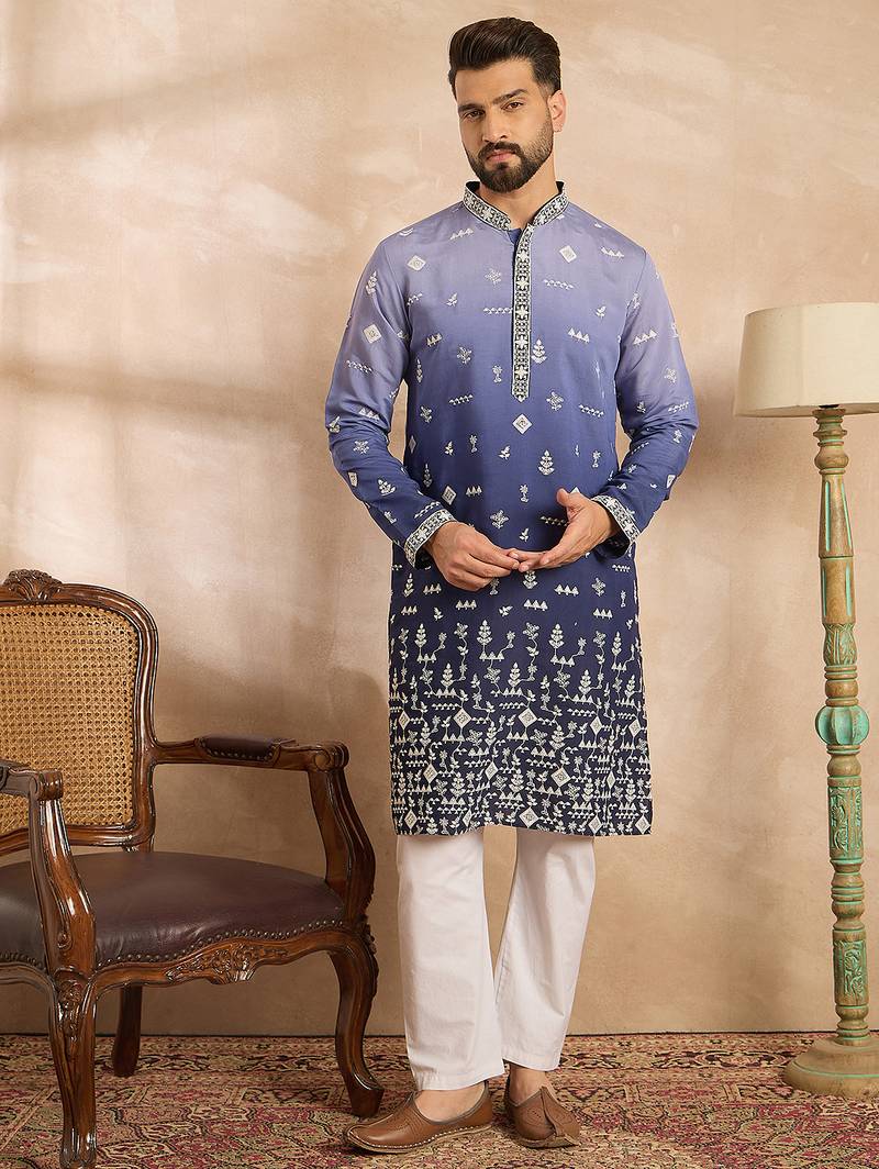 Men violet silk blend ombre embroidered straight kurta sets
